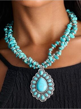 Turquoise Chip Double-Strand Necklace with Teardrop Pendant